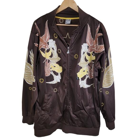 Jinzu Mens Y2K Birds Key Graphic Art Embroidered Bomber Jacket size XL Brown AOP - Picture 2 of 13